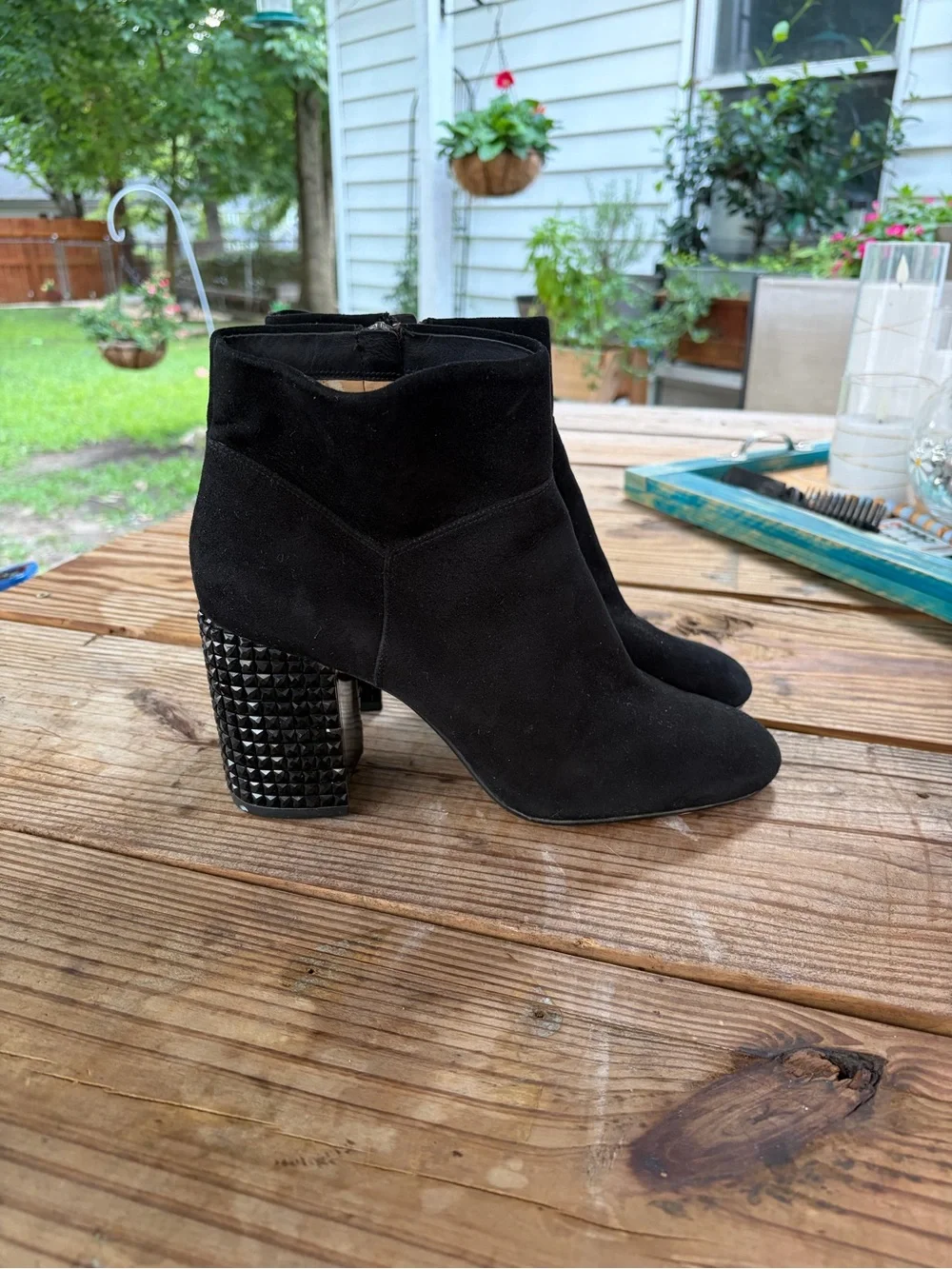 Michael Kors Black Suede Ankle Boots with Studded Block Heel